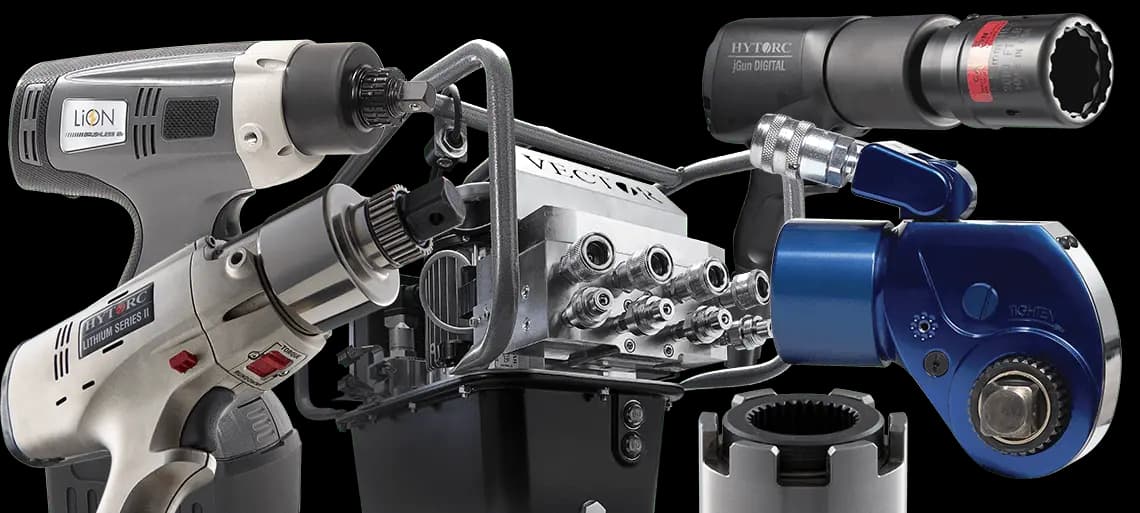 A collection of HYTORC tools, including the VECTOR pump, MXT+, LITHIUM Series II, LION Gun, and HYTORC Nut