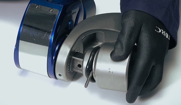 The front of the LITHIUM SERIES II Electric Torque Tool showing the rugged design, including its nickel-plated aluminum housing