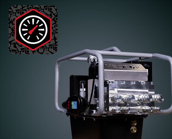 An image of the VECTOR Electric Hydraulic Pump with a flange in the background, four STEALTH Hydraulic Torque Wrenches mounted on to the application using Simultorc technology.