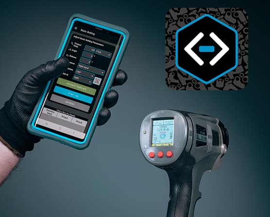 A graphic with the HYTORC CONNECT App badge, a LION GUN Electric Torque Tool, and a hand holding a phone.